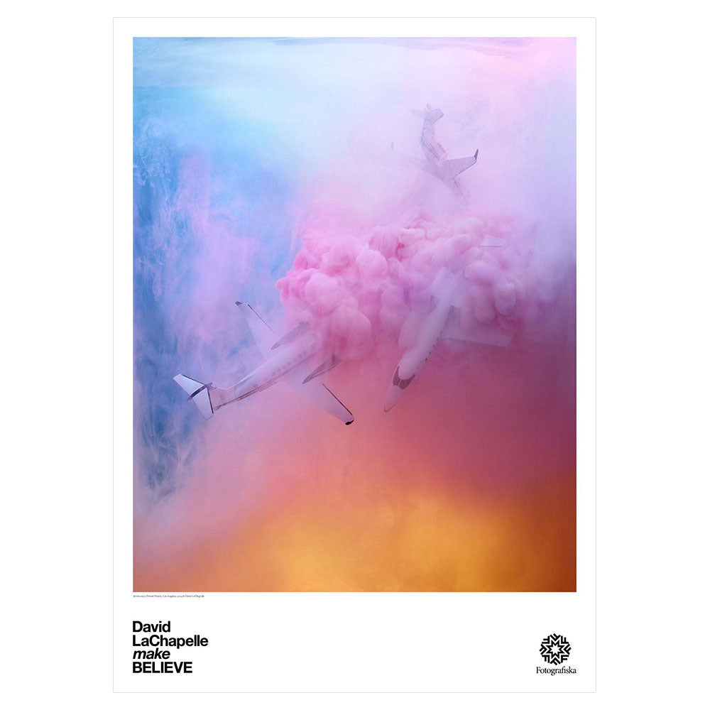 Airplane traveling through pink and blue clouds and exhibition title: David LaChapelle - Make Believe