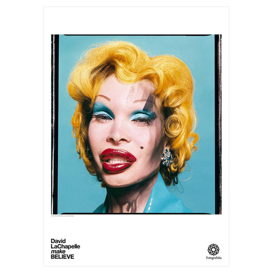 Colorful headshot of Amanda Lepore dressed to resent Marilyn Monroe in an Andy Warhol pop art setting. Exhibition title below: David LaChapelle | make Believe