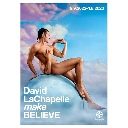 Poster of naked man sitting in the sky, with "David LaChapelle make Believe" written in white and the exhibition dates: 9.9.2022 - 1.8.2023