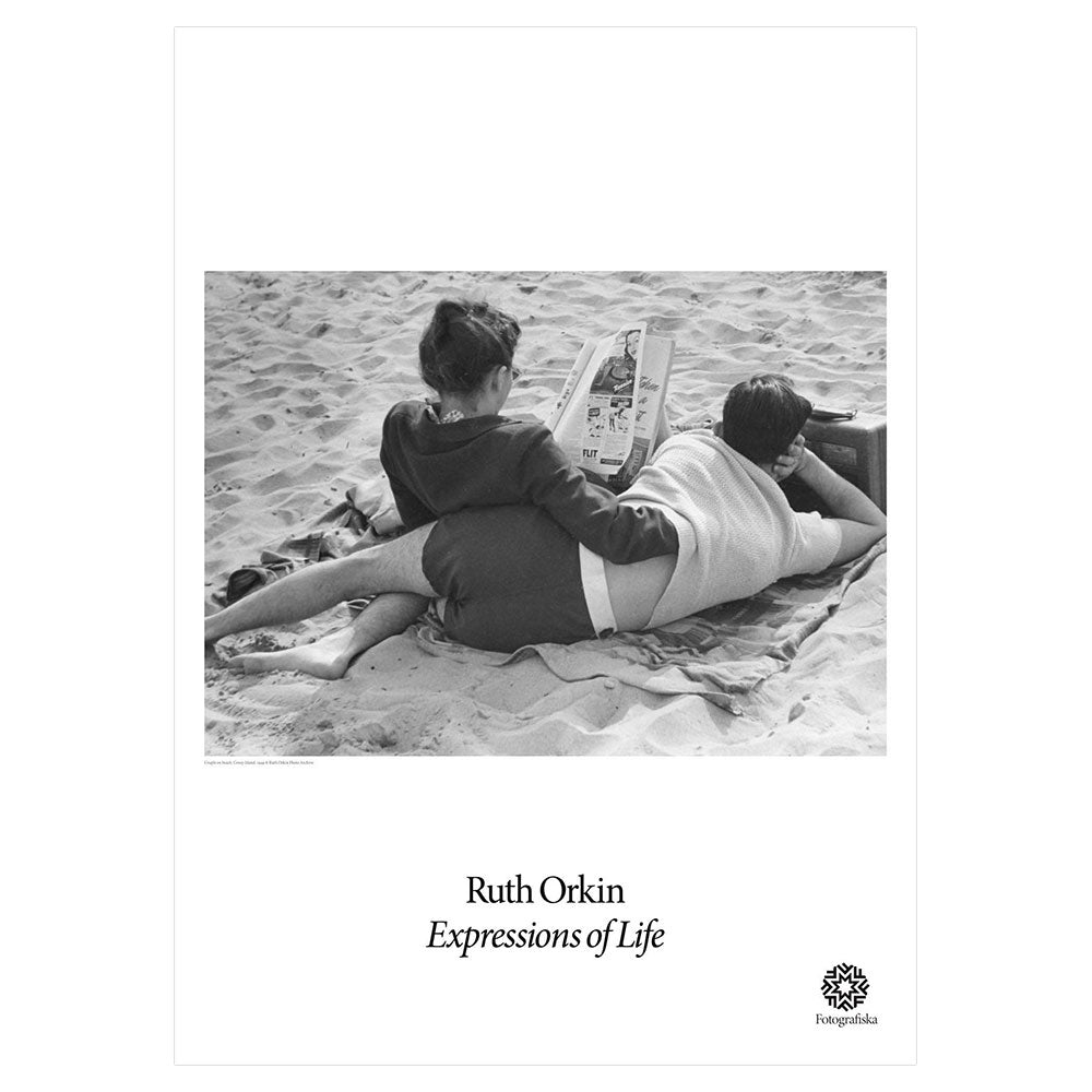 Black & White image of couple on beach.  Exhibition title below: Ruth Orkin | Expressions of Life