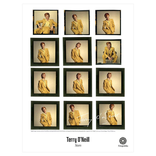 Repeated images of David bowie in yellow.  Exhibition title below: Terry O'Neill | Stars