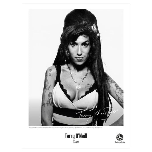 Image of Amy Winehouse staring at the viewer and exhibition title: Terry O'Neill: Stars