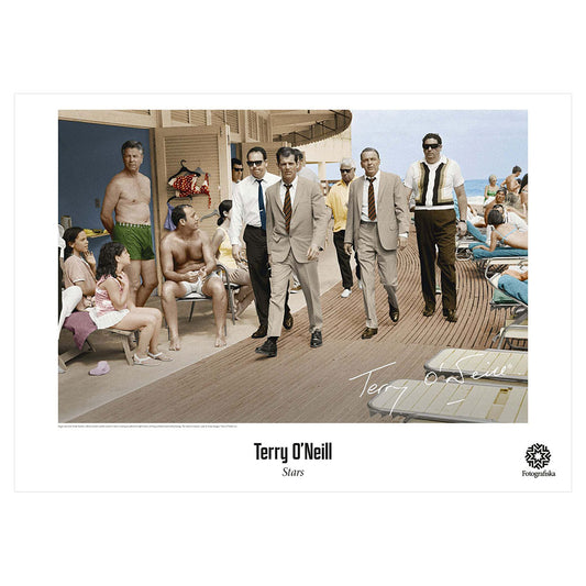 Color image of Frank Sinatra wilking in brown suit with entourage.  Exhibition title below: Terry O'Neill | Stars