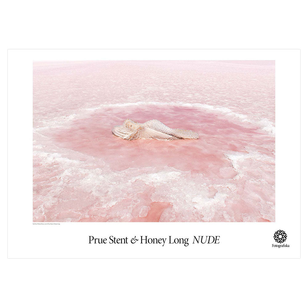 Colorful image of naked woman in barren pink landscape. Exhibition title below: Prue Stent & Honey Long | NUDE