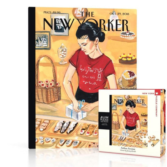 100-piece miniature puzzle of a New Yorker illustration of a woman in a Egidio pastry shop in Arthur Avenue in The Bronx.