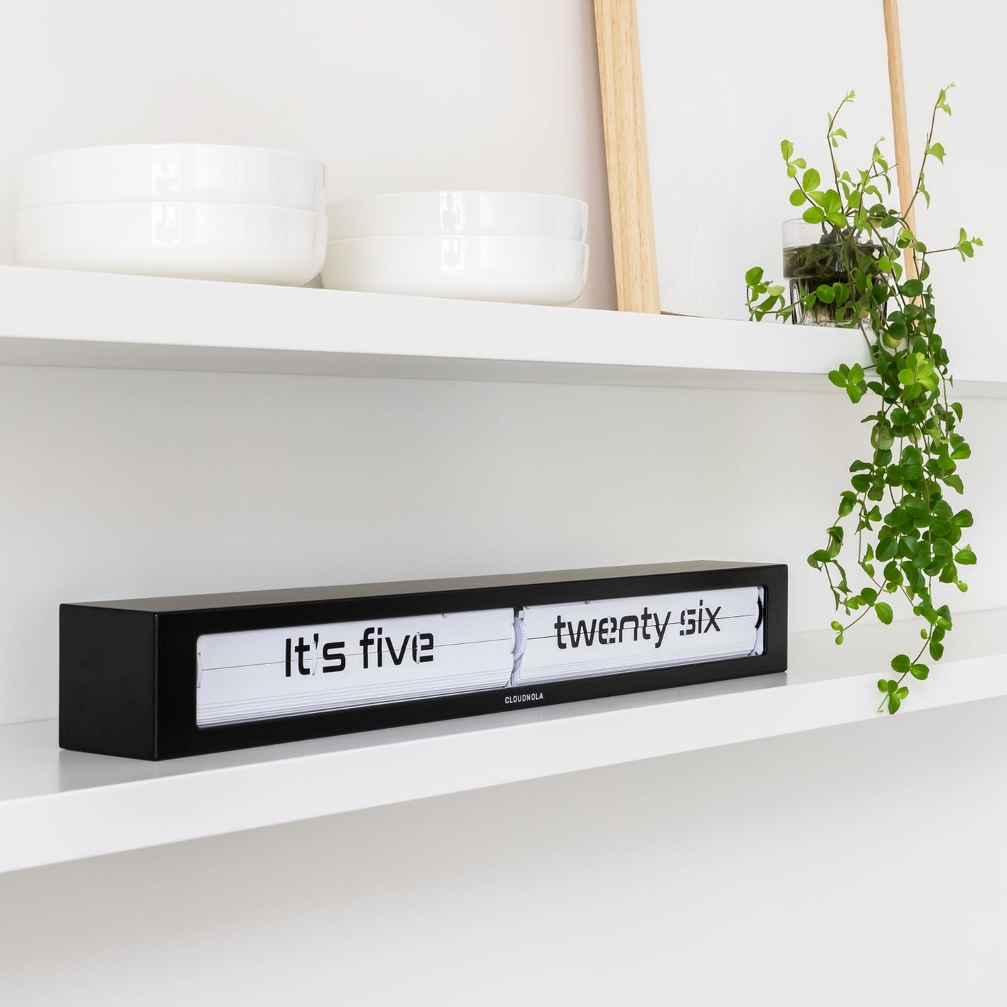 Texttime Flip Clock, Black, on a shelf