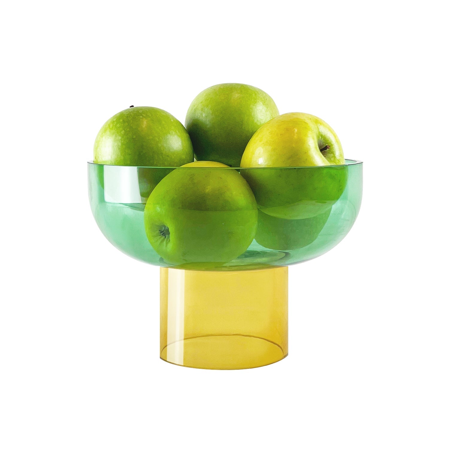 Tip Top Glass Bowl by Cloudnola, in green and yellow, shown holding apples