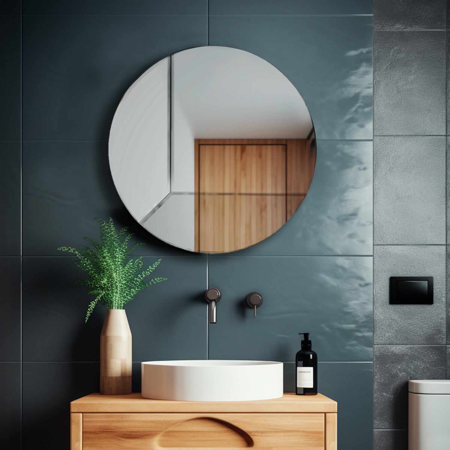 Round Reversible Mirror, XL, shown in a bathroom above a sink.