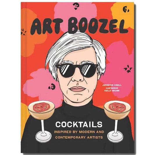Cover of Art Boozel book, featuring pop-art style drawing of Andy Warhol with sunglasses and two cocktails