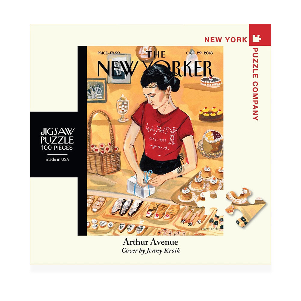 100-piece miniature puzzle of a New Yorker illustration of a woman in a pastry shop.