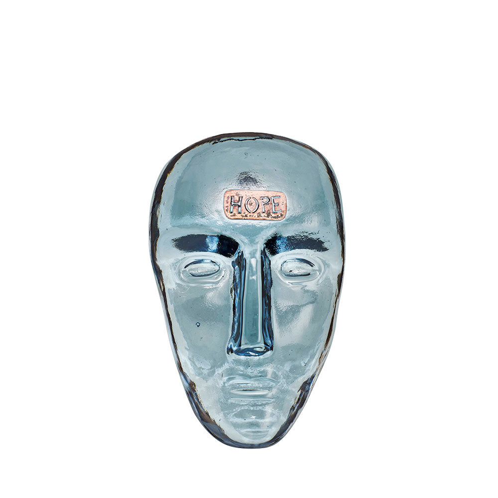 Blue glass face with the word "Hope" on the forehead.