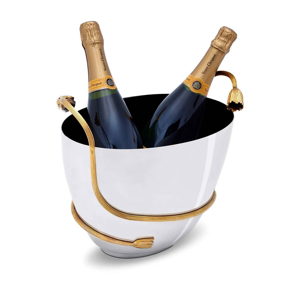 Deco Leaves Champagne Bucket, two champagne bottles.