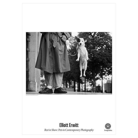 Elliot Erwitt France, Paris Poster, black and white photo of a dog jumping next to its owner