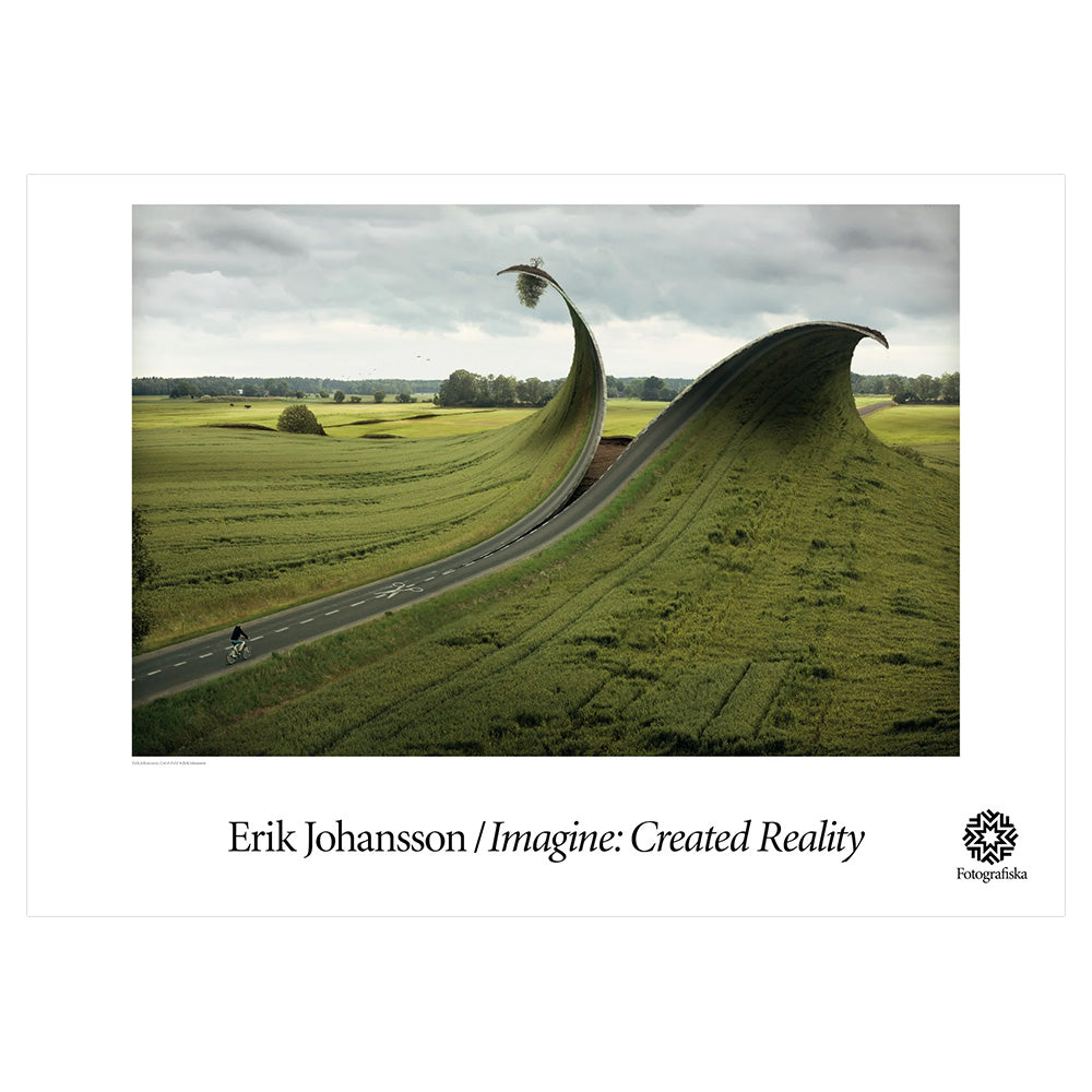 Image of road and grass landscape unzipping.  Exhibition title below: Erik Johansson | Imagine: Created Reality