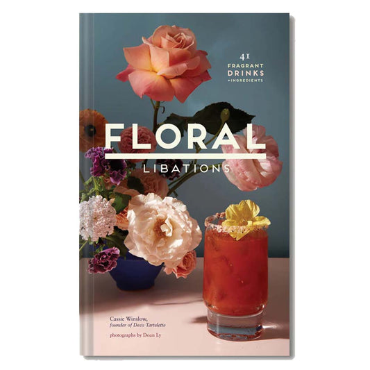 Floral libations book cover, showing cocktail next to a bouquet of flowers