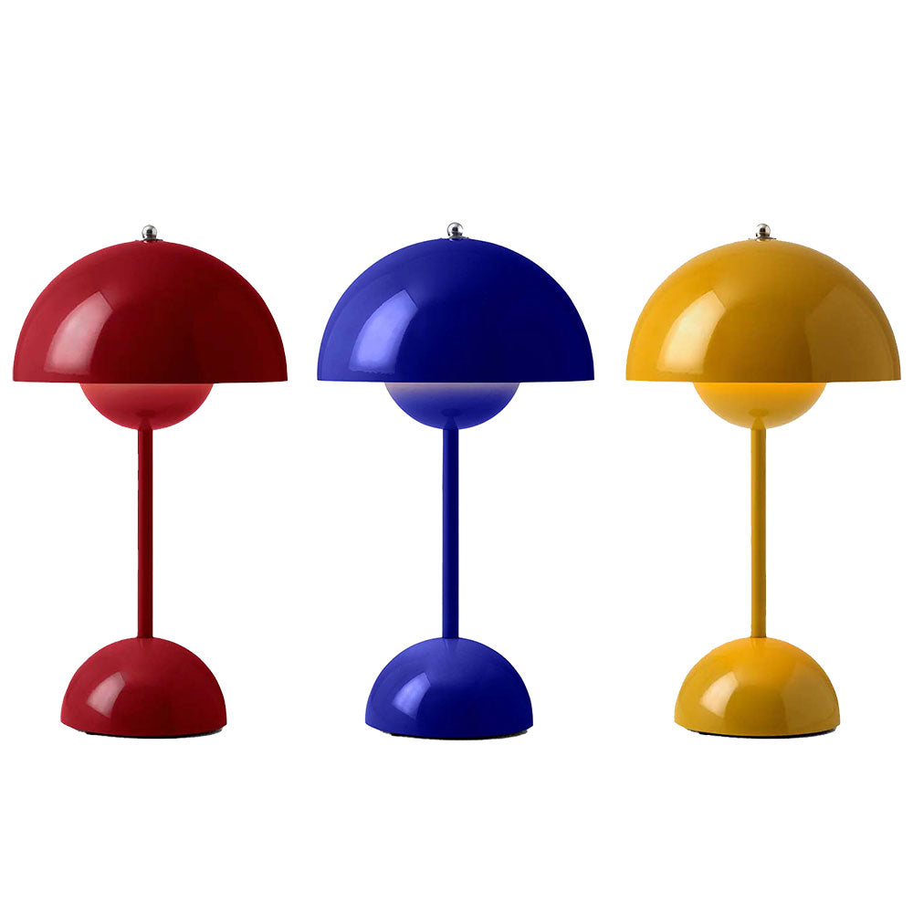 &Tradition Flowerpot Portable Table Lamp VP9, group of 3. One red, one blue, one mustard yellow.