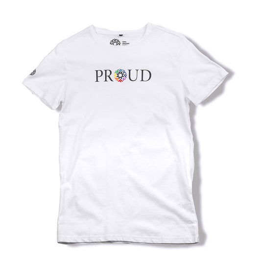 White t-shirt with the word "RROUD" written on the front.  The "O" is replaced with a rainbow Fotografiska logo.