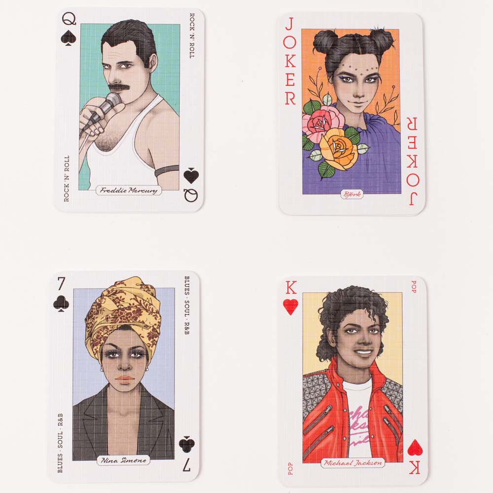 4 music genius playing cards. Freddie Mercury as Queen of spades, Bjork as the Joker, Nina Simone as 7 of Clubs, and Michael Jackson as King of Hearts