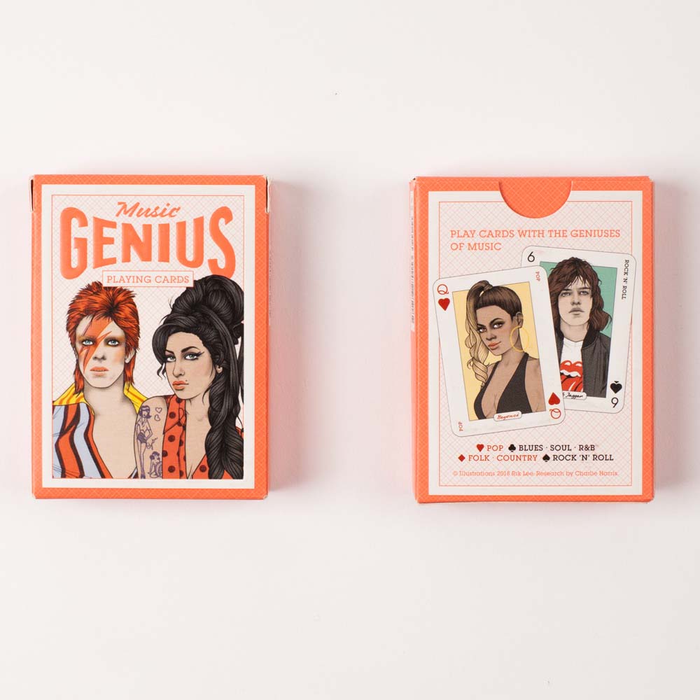 Front and back of the Music Genius cards set packaging