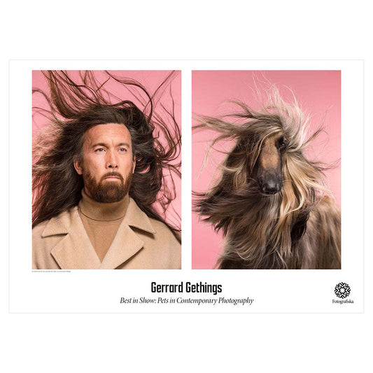 Gerrard Gething Do you look like your dog, 2018 Poster.  Man with long hair blowing in the wind next to photo of dog with fur blowing in the wind in similar poses