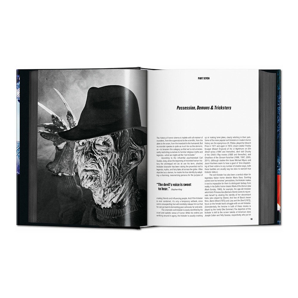 Horror Cinema book, open and showing a black and white photo of Freddie Krueger and text.