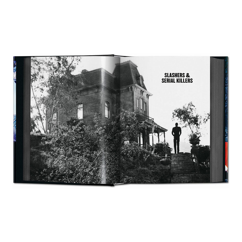 Horror Cinema book, open and showing a black and white image of Bates Manor with the text "Slashers & Serial Killers"