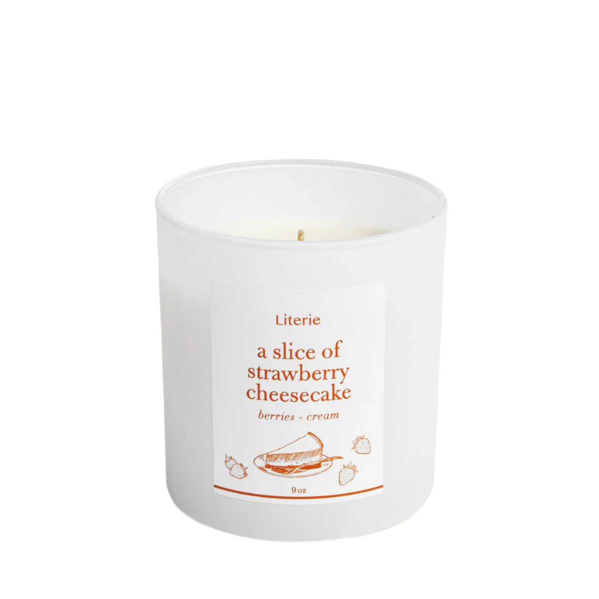 Literie's "A Slice of Strawberry Cheesecake" candle, notes of Berries and Cream.