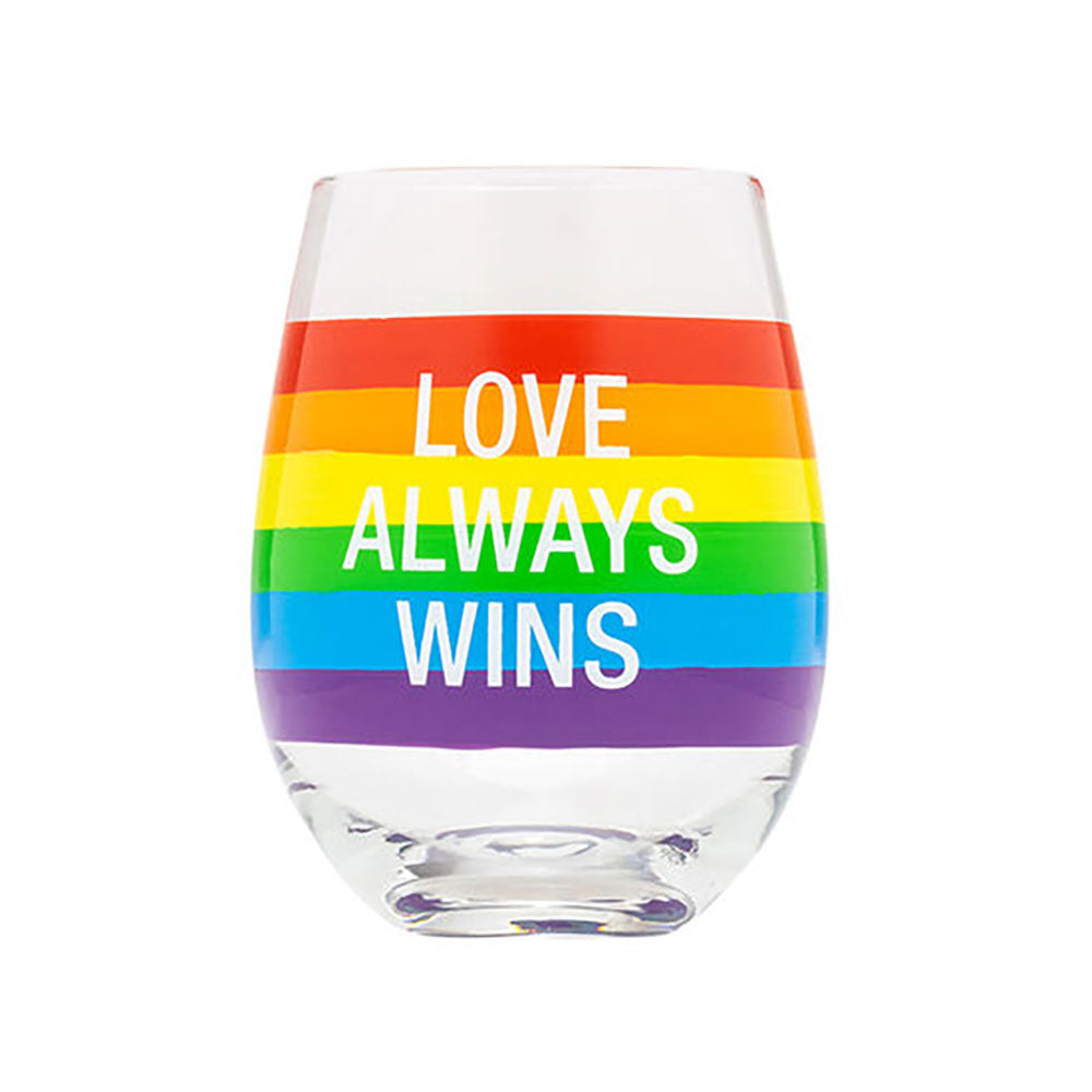 "Love Always Wins" etched into a rainbow band wrapped around a wine glass