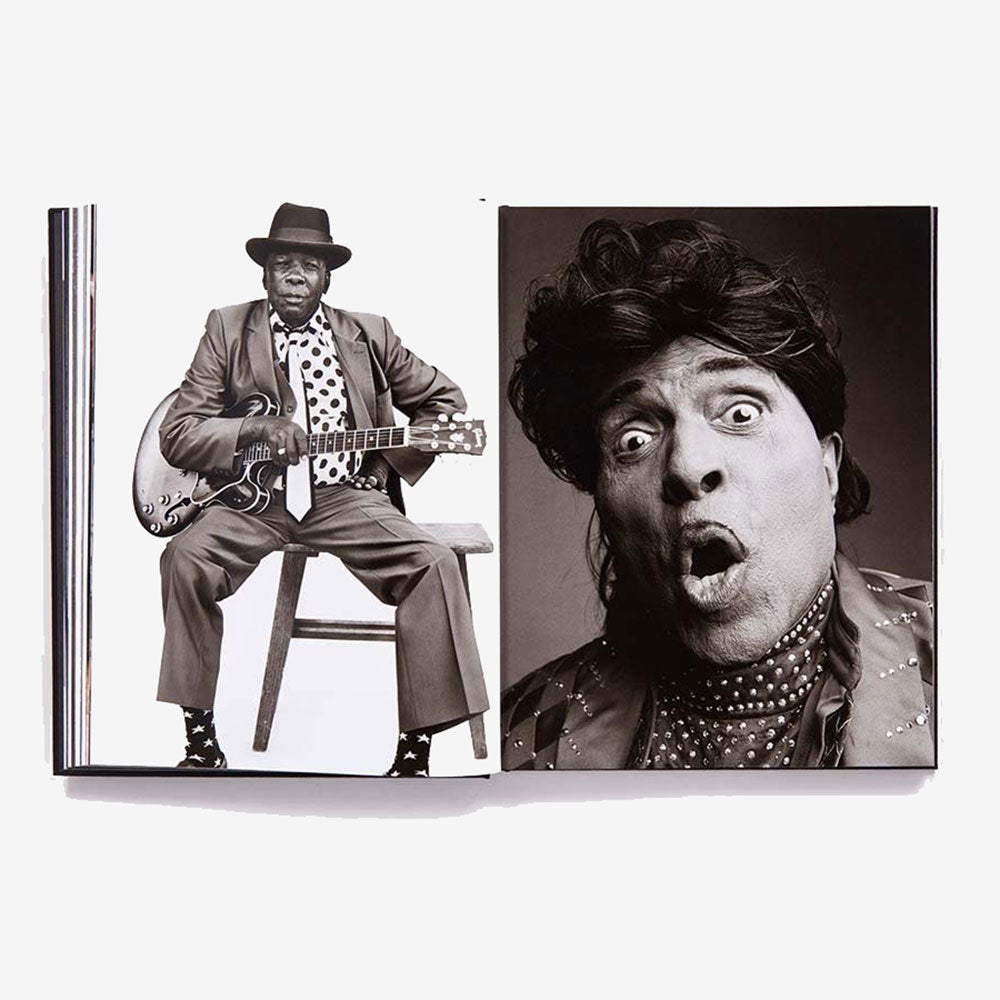 Mark Seliger: Photographs book, open and showing black and white photos of Little Richard and a blues guitarist.