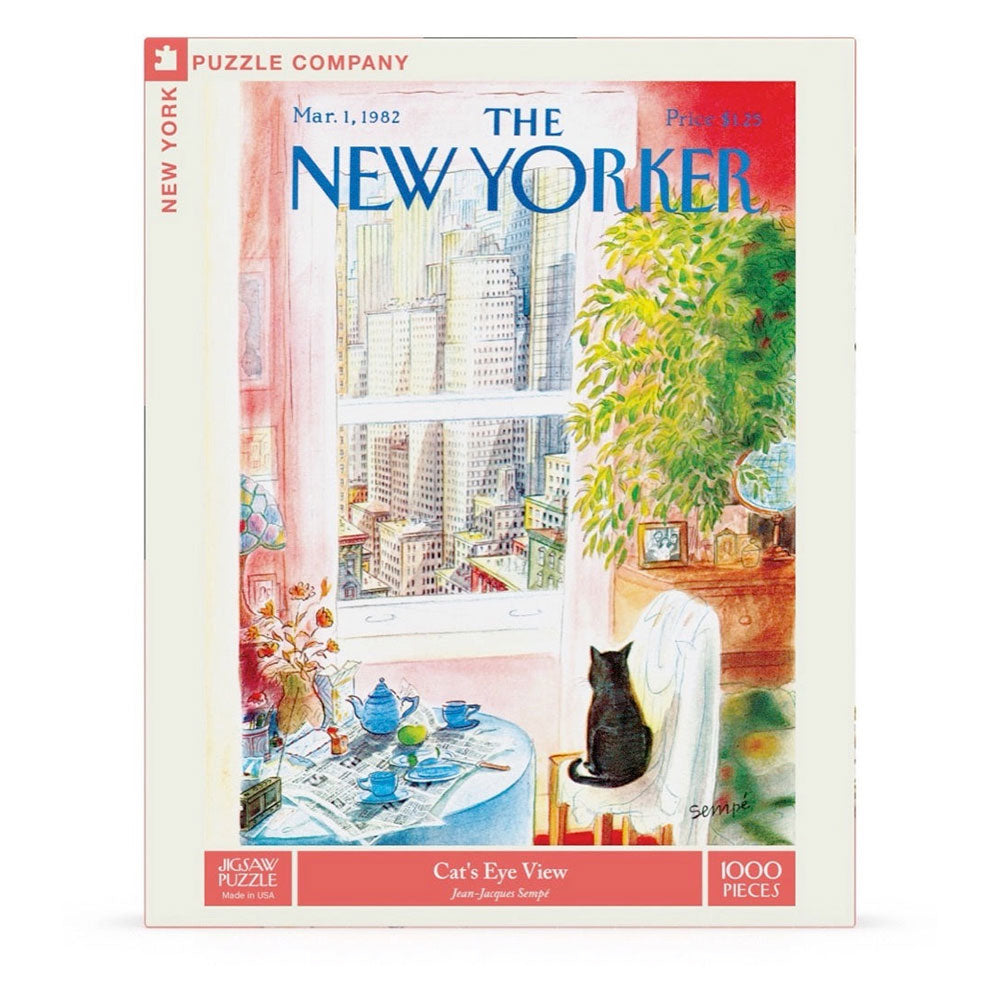 1000-piece jigsaw puzzle of a New Yorker illustration of a black cat in an apartment looking out a window.