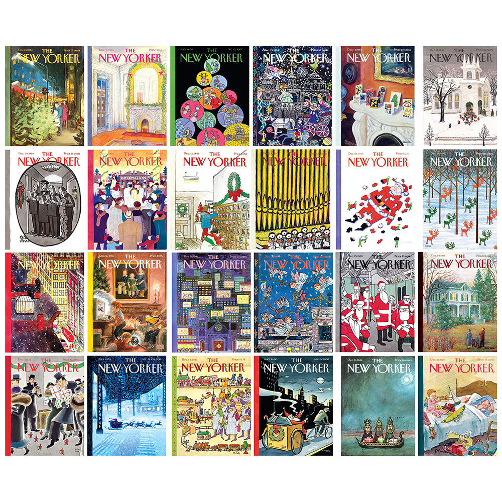 New Yorker covers for the 24 mini puzzles, all featuring holiday-inspired dillustrations of snow, Santa Clause, and cold weather scenes.