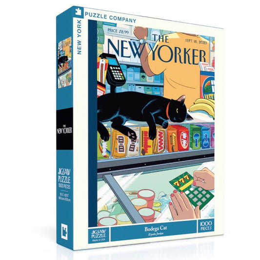 1000 piece jigsaw puzzle of a New Yorker illustration of a black cat in a bodega, resting on top of a candy shelf.