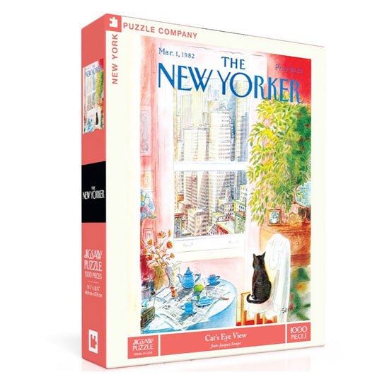 1000-piece jigsaw puzzle of a New Yorker illustration of a black cat in an apartment looking out a window.