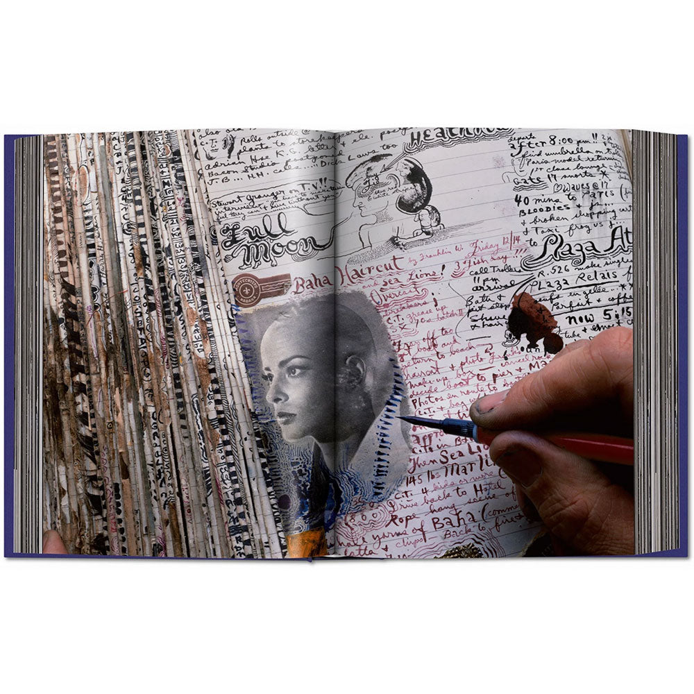 Spread shot of Peter Beard, showing full-width color photo of handwritten pages