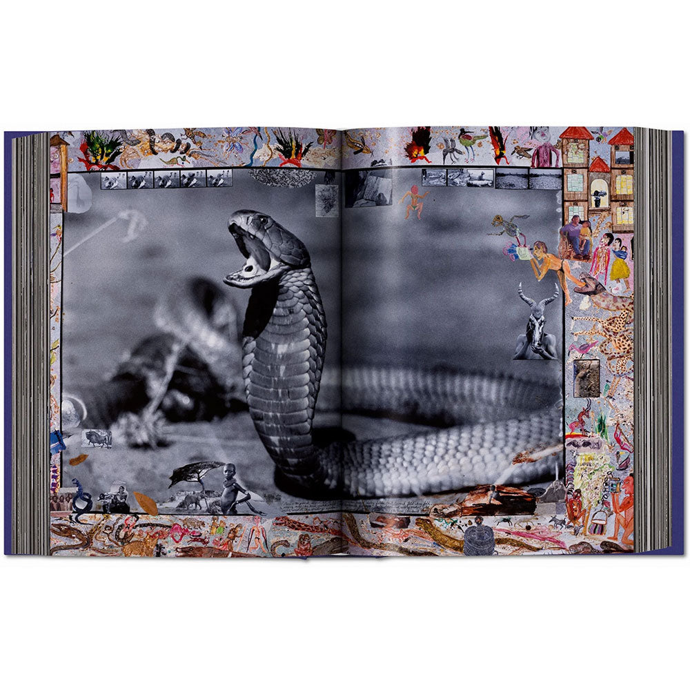 Spread shot of Peter Beard, showing a full-width black and white photo of a snake with ornate borders