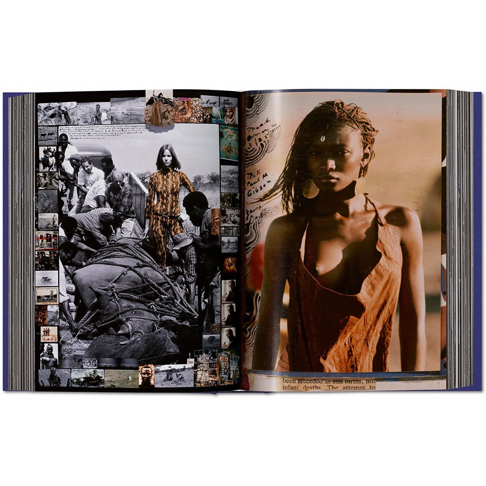 Spread shot of Peter Beard, showing two color photos on the left and right