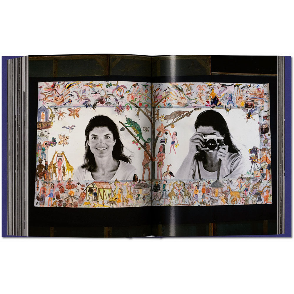 Spread shot of Peter Beard, showing a full-width color photo of a collage surrounding a woman