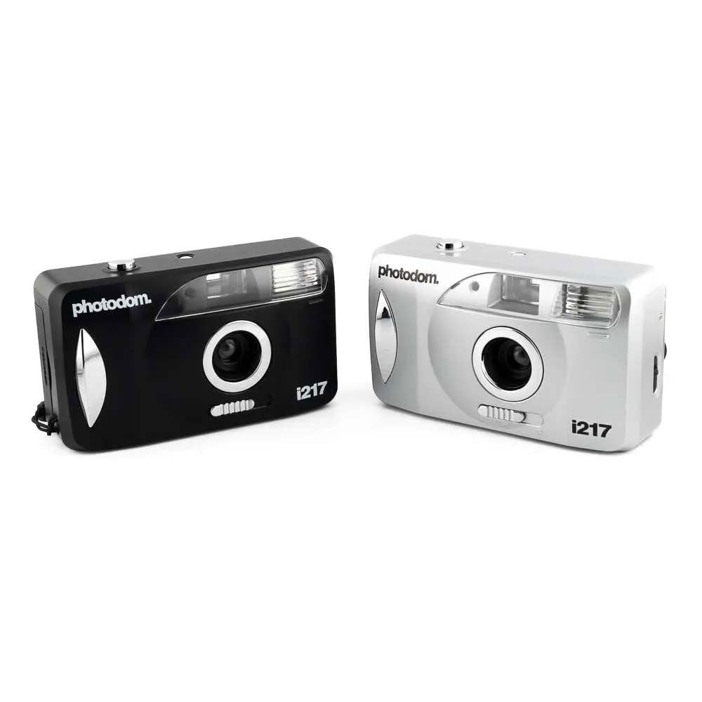 photodom. i217 35mm Motorized Point and Shoot Film Cameras, one black and one steel