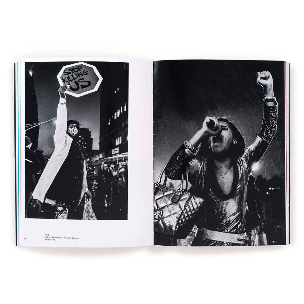 Spread shot of Revolution Is Love: A Year of Black Trans Liberation, showing two black and white images of people.