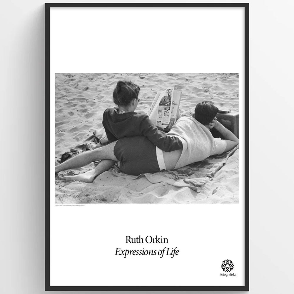 Ruth Orkin - Couple on Beach poster, framed in 50x70 black frame.