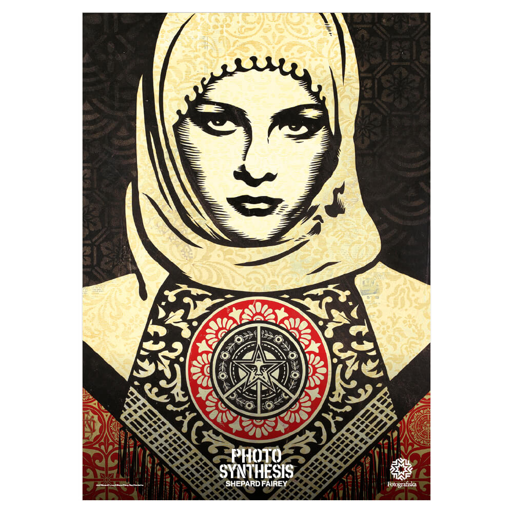 Shepard Fairey "Arab Woman" poster, shawing image of Arab woman with exhibition title below. "Shepard Fairey - Photo Synthesis"