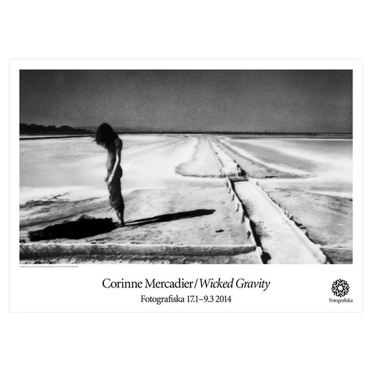 Black & White portrait of woman in sandy area. Exhibition title below: Corinne Mercadier | Wicked Gravity