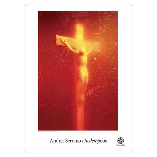 Urine-filled Jesus on a crucifix, surrounded by pig blood. Exhibition title below: Andres Serrano | Redemption