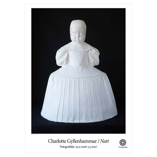 White plaster doll in white dress.  Exhibition title below: Charlotte Gyllenhammar | Natt