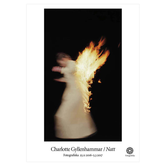 Closeup of a fire.  Exhibition title below: Charlotte Gyllenhammar | Natt