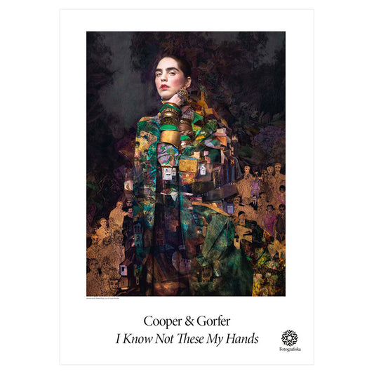 Woman in green and gold outfit and exhibition title: Cooper & Gorfer: I Know Not These My Hands