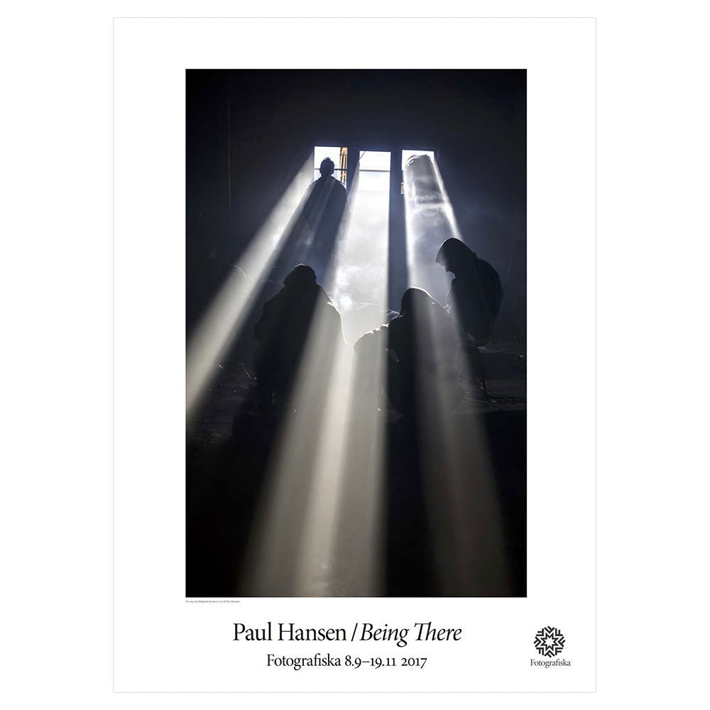 Black and white image of people standing in front of a window with highlights peeking through. Exhibition title below: Paul Hansen | Being There