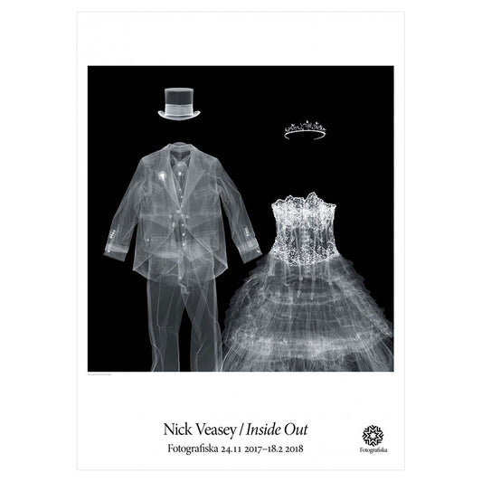 Ghostly image of bride and groom outfits with no visible people.  Exhibition title below: Nick Veasey | Inside Out