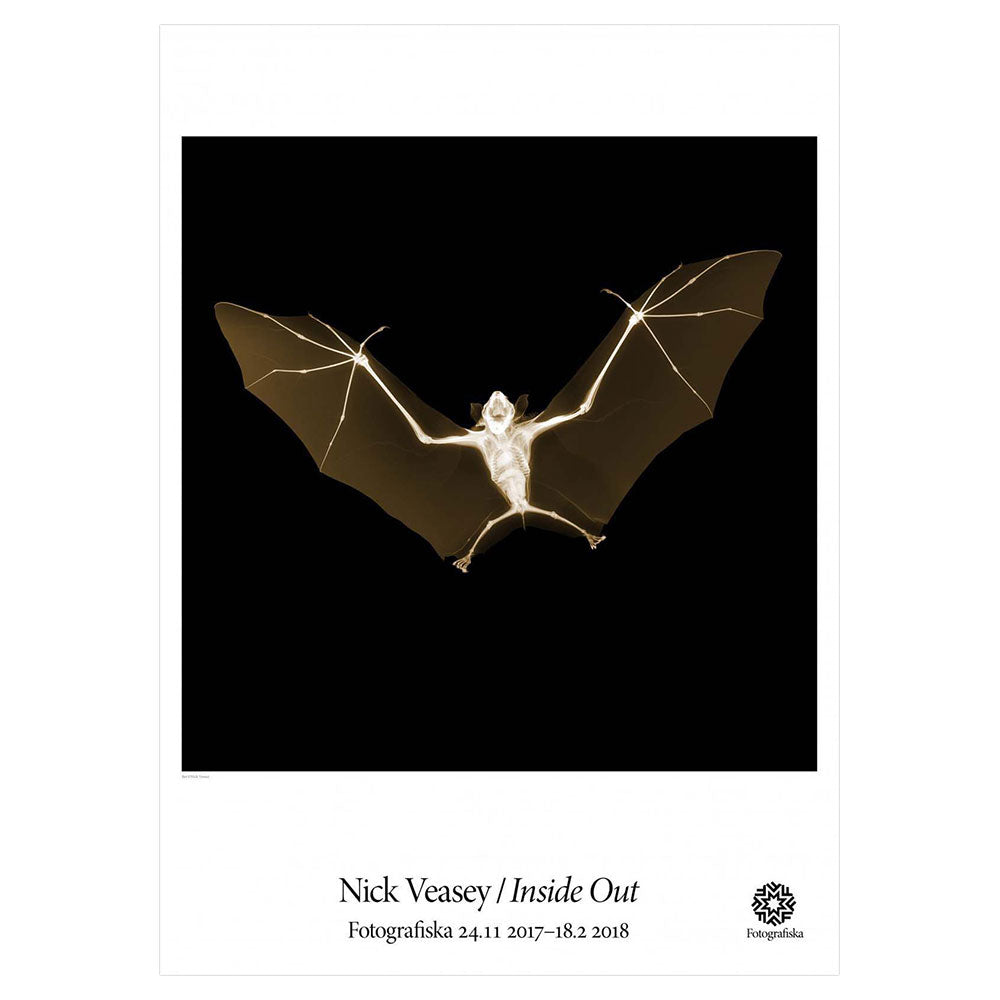 X-Ray of a bat in flight. Exhibition title below: Nick Veasey / Inside Out