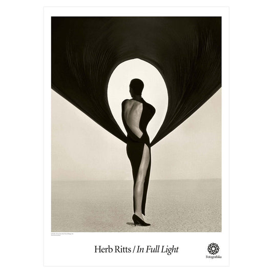 Silhouette of a person in minimalist background. Exhibition title below: Herb Ritts | In Full Light